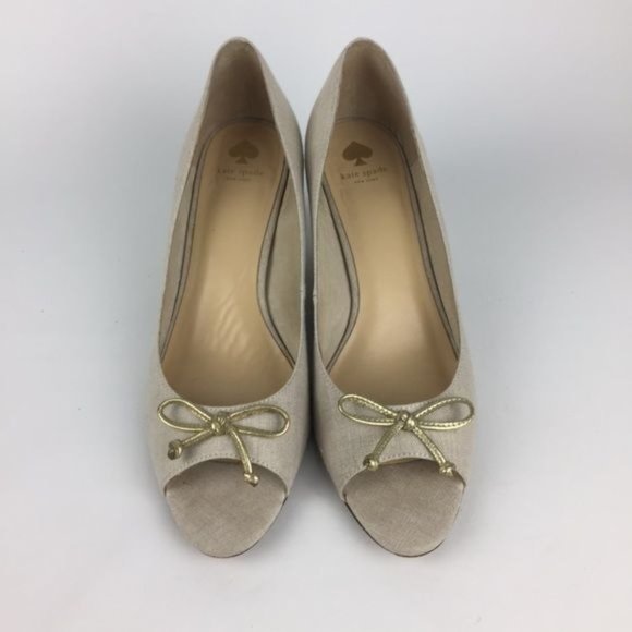 Kate Spade Womens Linen Peep Toe Wedge Heels Beige Cream Shoes Gold Bow size 10 - Picture 2 of 15